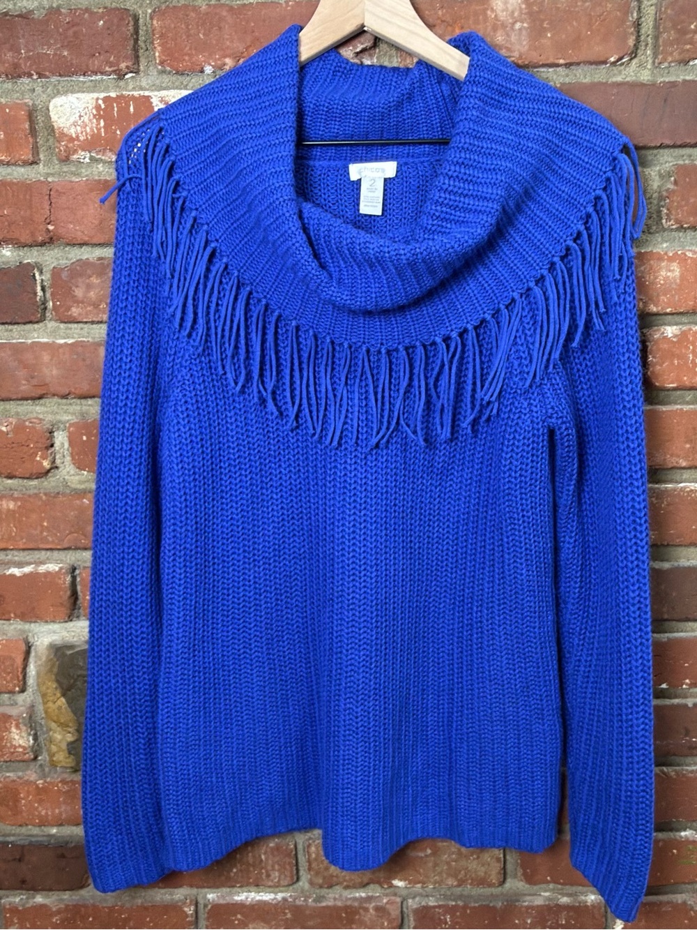 Chico's Size 2 Blue Chunky Knit Pullover Sweater Fringe Cowl Neck Cotton Rabbit
